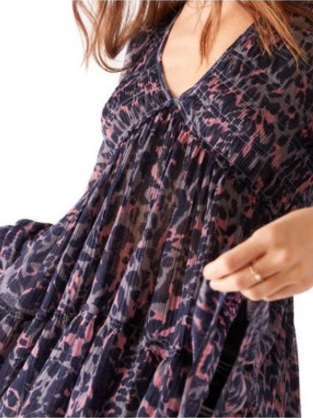 Free People leopard V-Neck Tiered Blouse in Black and Dusty Pink